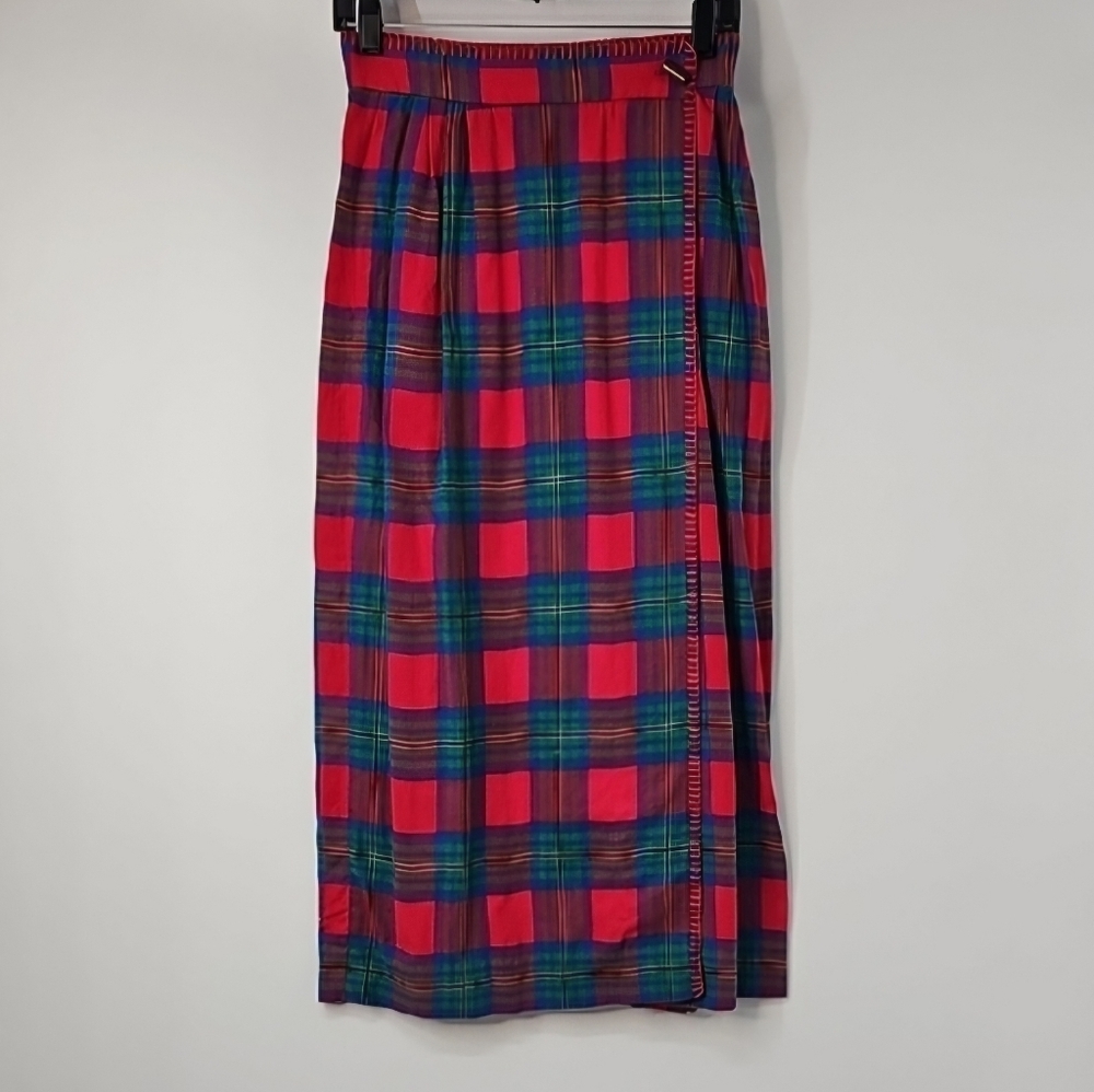 VTG Susan Bristol Red Plaid 100% Cotton Midi Length Skirt wStitched Trim Cottage